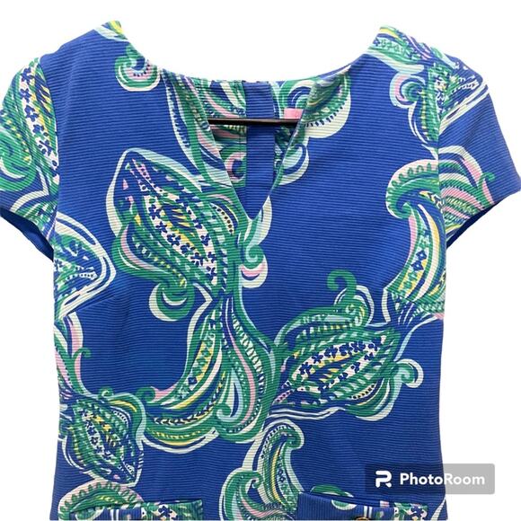 Lily Pulitzer Layton Blue Crush Shift Dress She Got Sole V-Neck Gold $198 XS - Picture 4 of 9